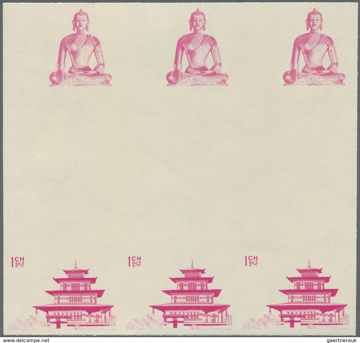Thematik: Religion / religion: 1965, Bhutan. Progressive proof (10 phases) in blocks of 3 vertical g