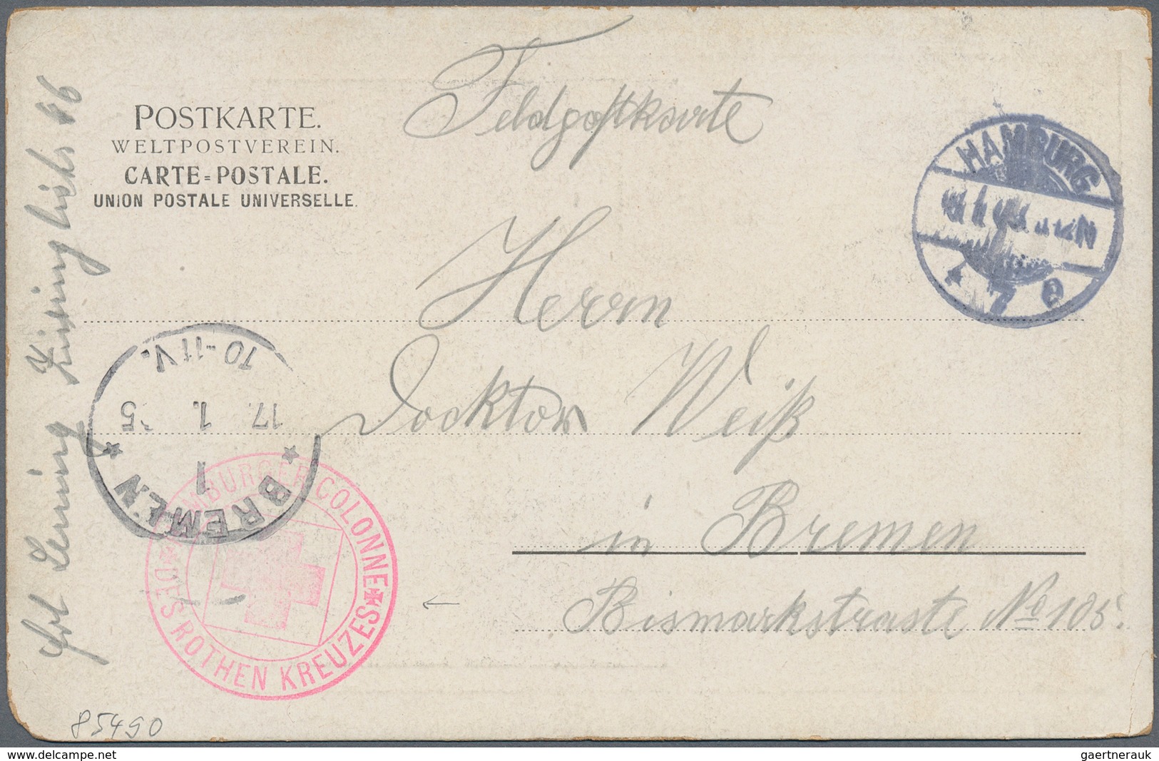 Thematik: Rotes Kreuz / Red Cross: 1905 Deutsches Reich Feldpostkarte Ab HAMBURG M. Rotem K2 "HAMBUR - Croix-Rouge