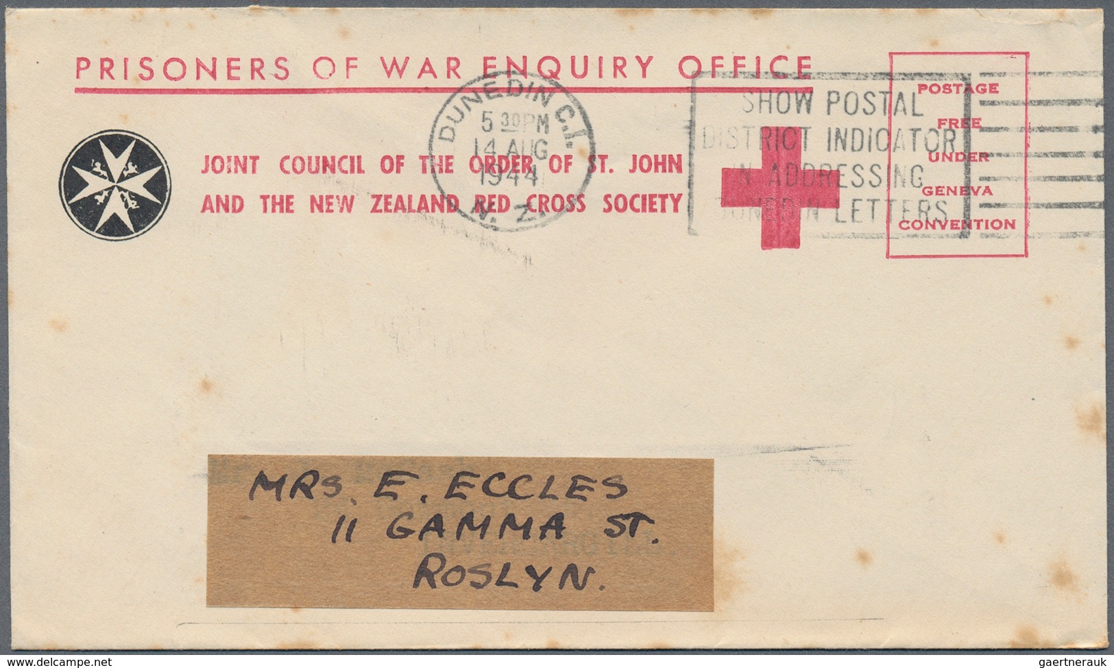 Thematik: Rotes Kreuz / Red Cross: 1943/44 2 Vordruckumschläge Des Neuseel. RK-/St.Johns-Orden, Eine - Rotes Kreuz