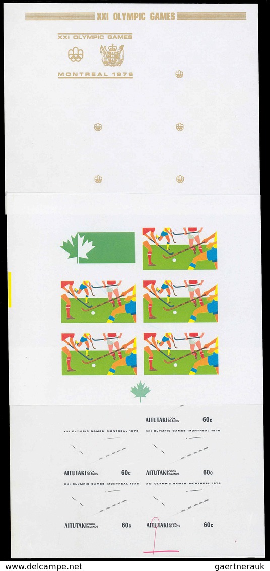 Thematik: Sport-Hockey / Sport -hockey: 1976, Aitutaki: OLYMPIC GAMES MONTREAL, Hockey - 7 Items; Pr - Rasenhockey