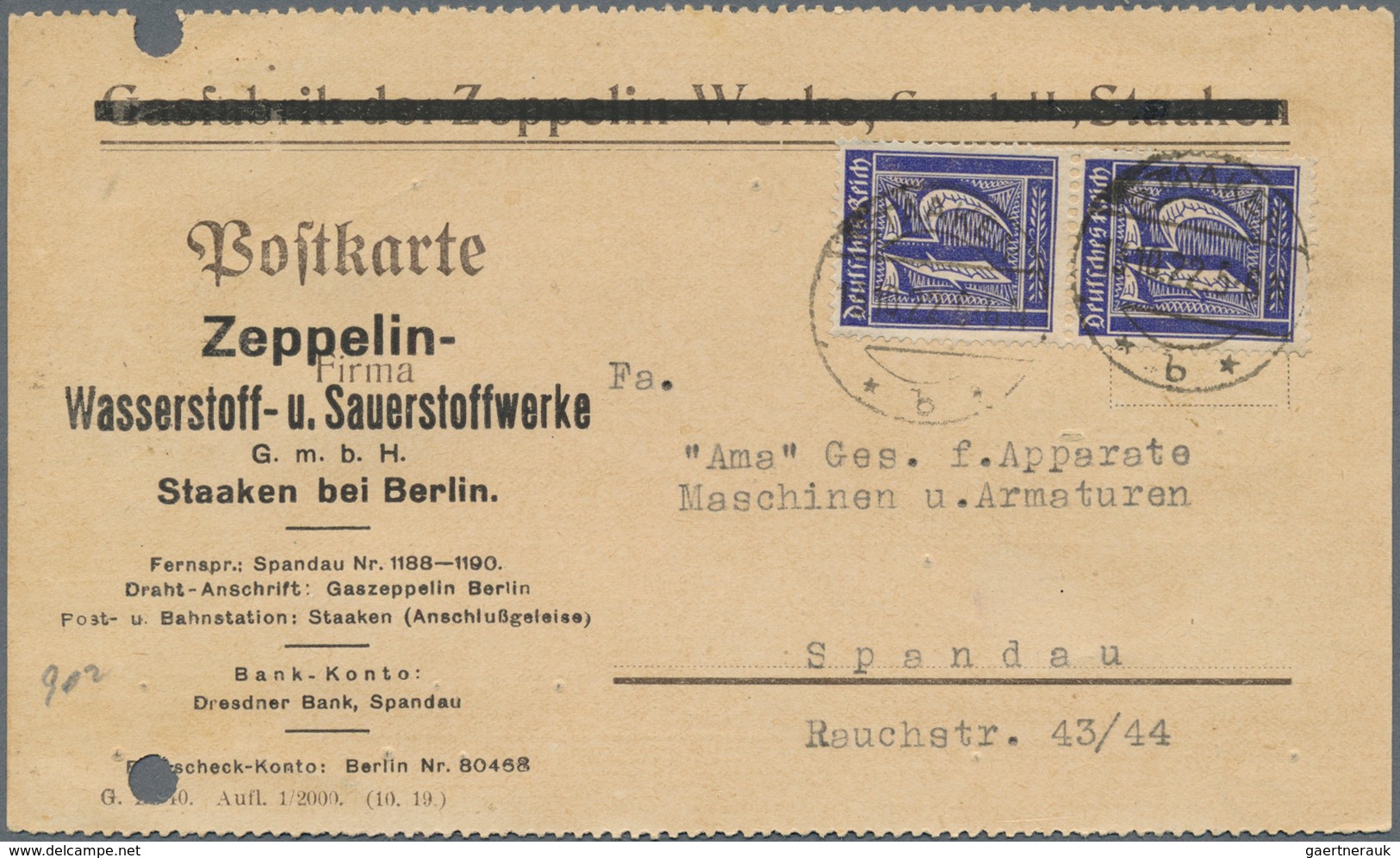 Thematik: Zeppelin / Zeppelin: 1922 Postkarte Der Zeppelin-Wasserstoff- U. Sauerstoffwerke In Staake - Zeppelins