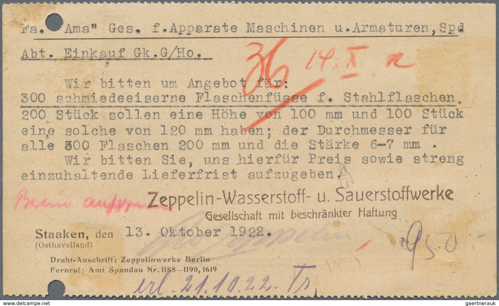 Thematik: Zeppelin / Zeppelin: 1922 Postkarte Der Zeppelin-Wasserstoff- U. Sauerstoffwerke In Staake - Zeppeline