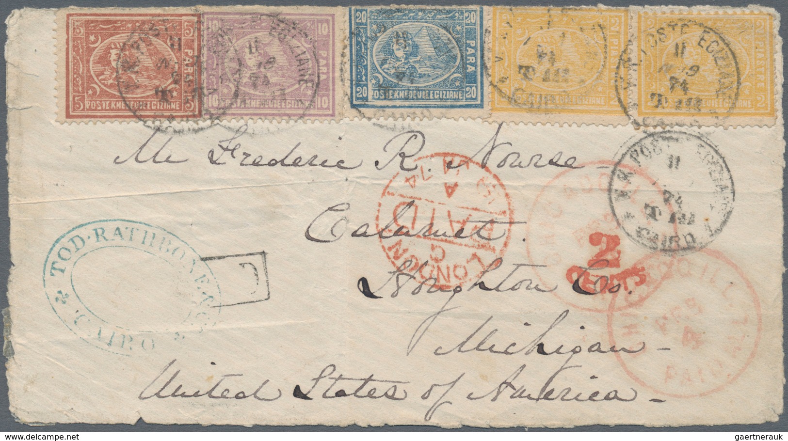 Ägypten: 1872 Third Issue (1st Printing) 5pa., 10pa., 20pa. And Two 2pi. Used On Cover Front 1874 Fr - Autres & Non Classés