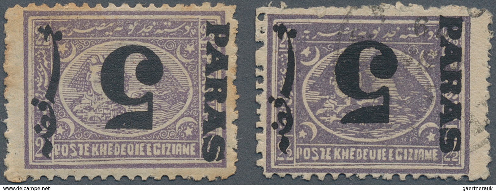 Ägypten: 1879 Provisionals: Two Singles Of 5pa. On 2½pi. Violet Both With SURCHARGE INVERTED, One Pe - Autres & Non Classés