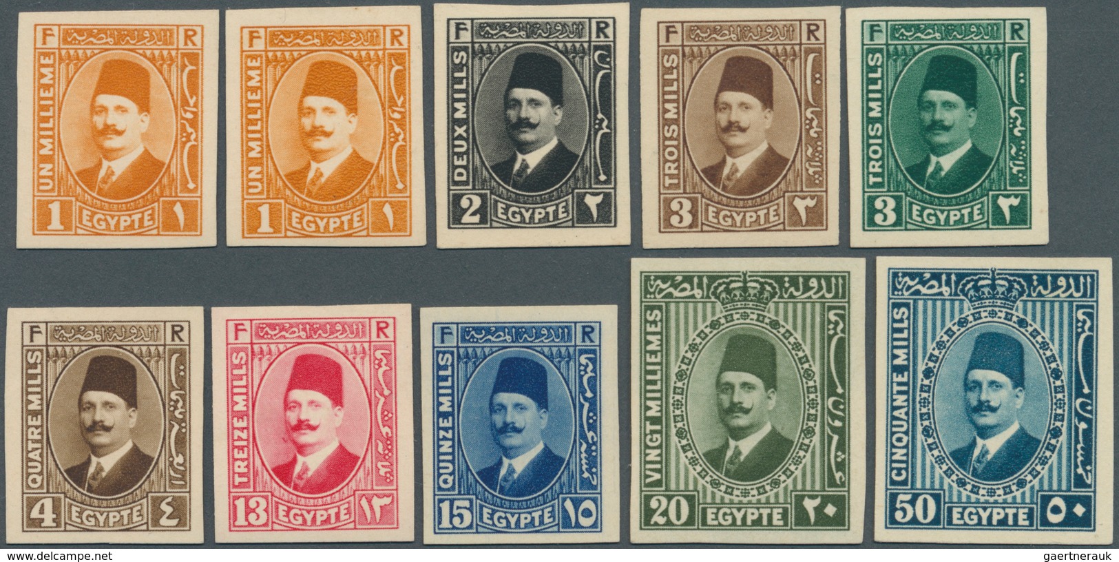 Ägypten: 1927-33 King Fouad 2nd Issue, 10 Imperforated Stamps With Royal Cancelled Back, Ex 1m. To 5 - Autres & Non Classés