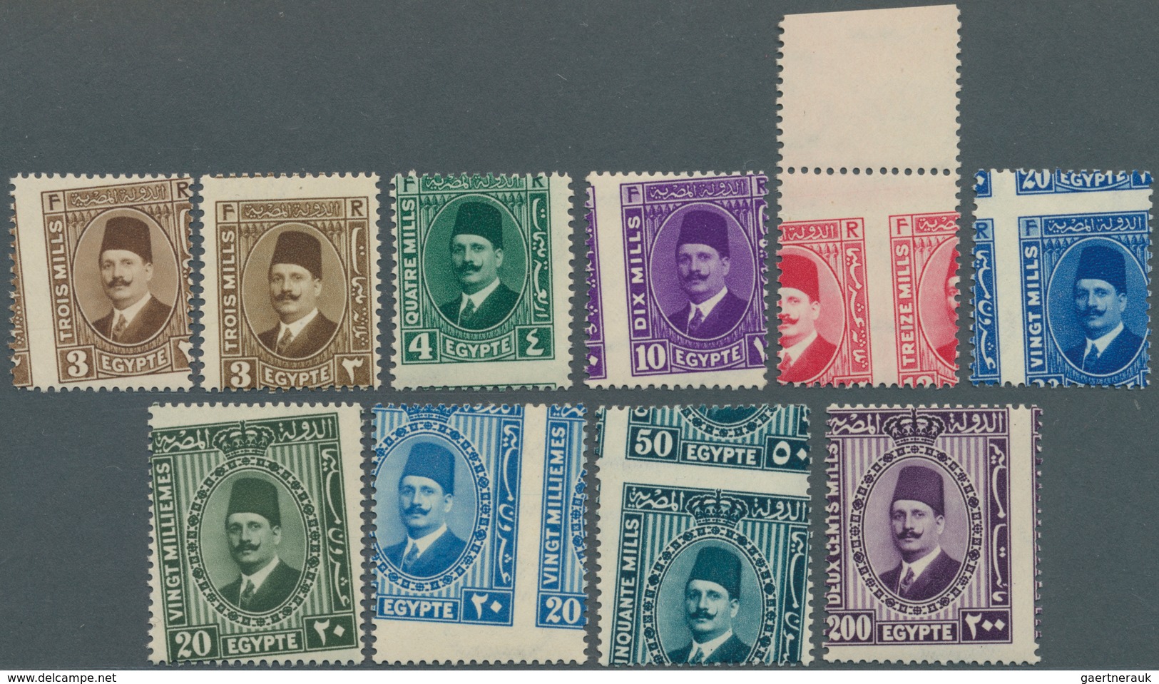 Ägypten: 1927-33 King Fouad 2nd Issue, 10 Stamps With Royal Misperforation, Including Top Marginal 1 - Autres & Non Classés