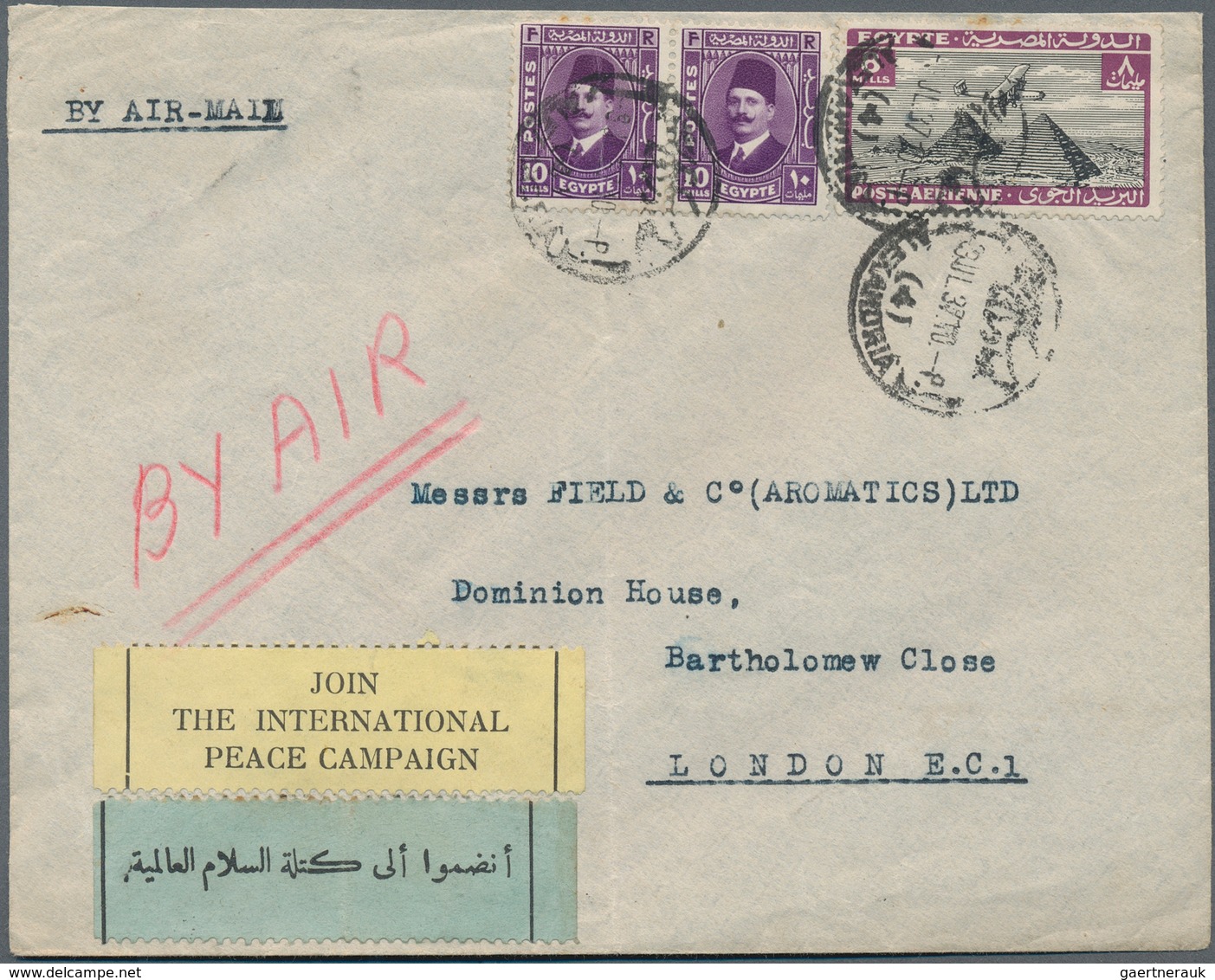 Ägypten: 1937, 2 X 10 M Violet King Fuad And 8 M Lilac/black Airmail Stamp, Mixed Franking On Airmai - Sonstige & Ohne Zuordnung