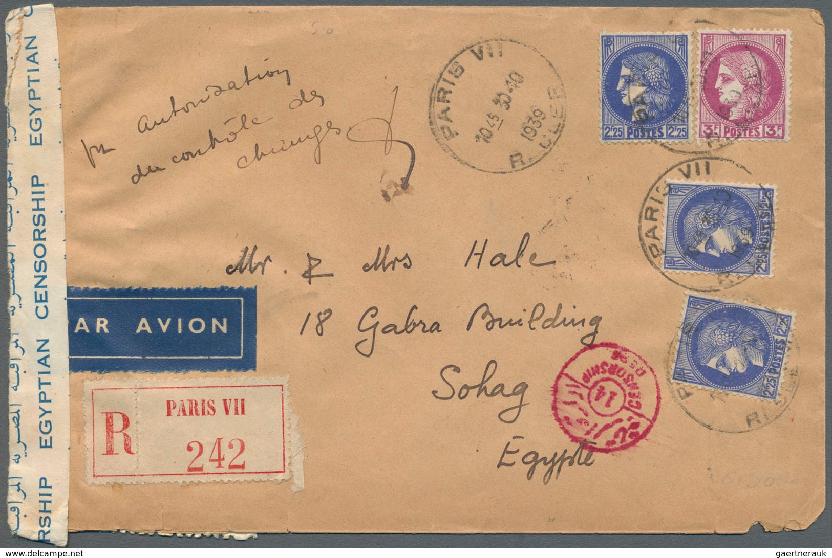 Ägypten: 1939, Incoming Censored Mail: France, 3 X 2,25 F And 3,00 F Ceres, Mixed Franking On Regist - Autres & Non Classés
