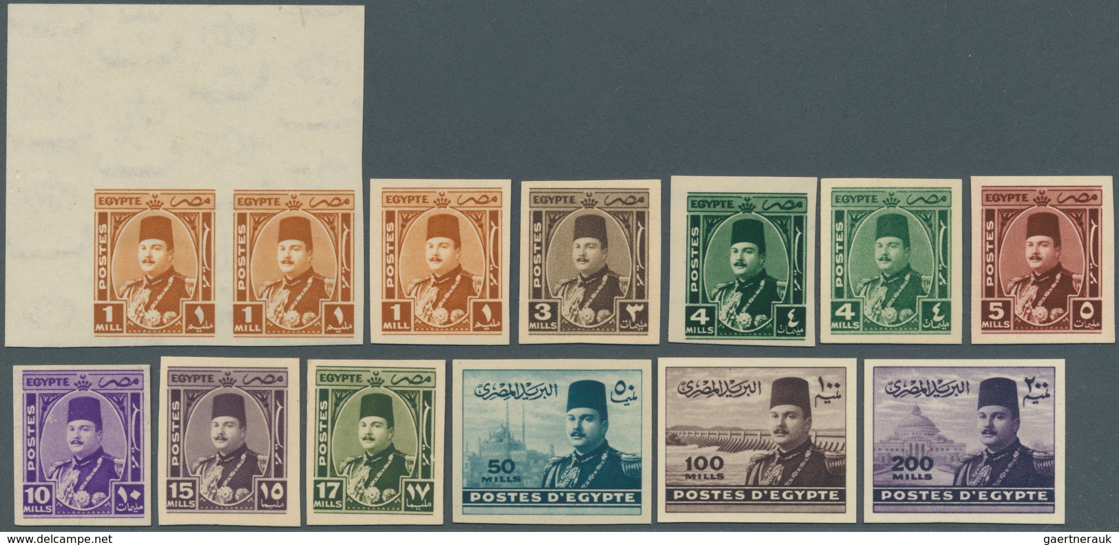 Ägypten: 1944-48 King Farouk's 2nd Issue: 13 Imperforated Stamps, With Top Left Corner Pair Of 1m. A - Sonstige & Ohne Zuordnung