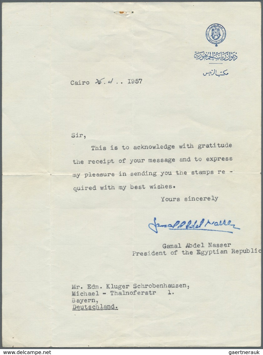 Ägypten: 1957 Letter Autographically Signed By Gamal Abdel NASSER, President Of The Egyptian Republi - Sonstige & Ohne Zuordnung