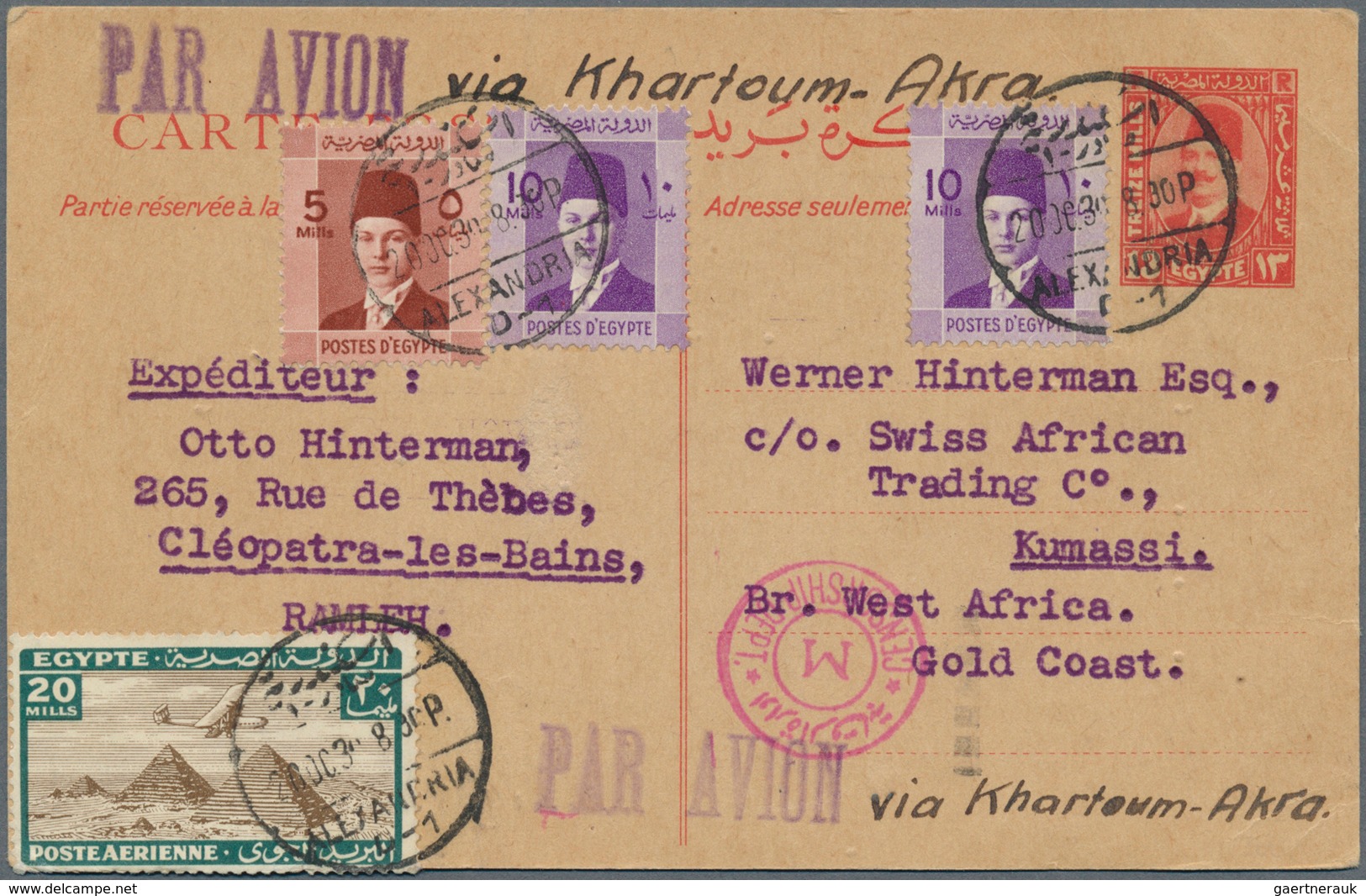 Ägypten - Ganzsachen: 1939, Stationry Card 13 M. Uprated 5 M., 10 M. (2), Airmail 20 M. Tied "ALEXAN - Sonstige & Ohne Zuordnung