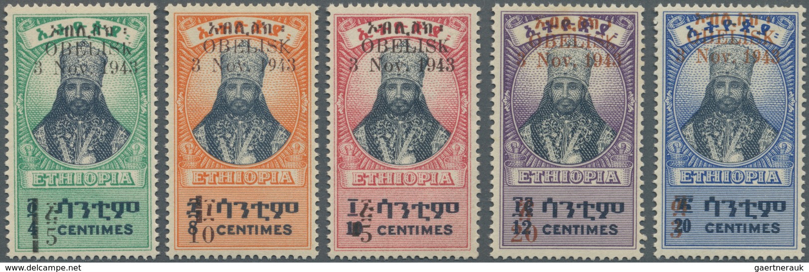 Äthiopien: 1943, Haile Selassie With Opt. ‚OBELISK / 3 Nov. 1943‘ Complete Set Of Five, Mint Never H - Äthiopien