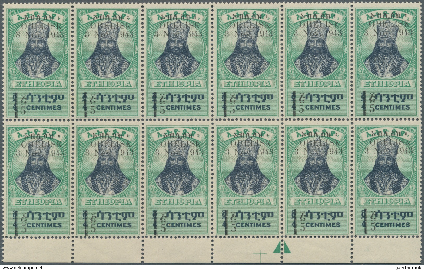 Äthiopien: 1943, Haile Selassie With Opt. ‚OBELISK / 3 Nov. 1943‘ 5c. On 4c. Green/black Block Of 12 - Äthiopien