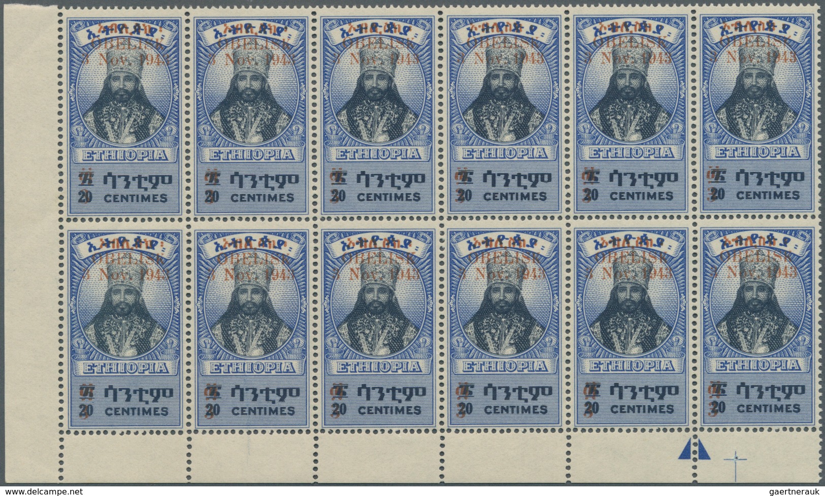 Äthiopien: 1943, Haile Selassie With Opt. ‚OBELISK / 3 Nov. 1943‘ 30c. On 20c. Blue/black Block Of 1 - Äthiopien