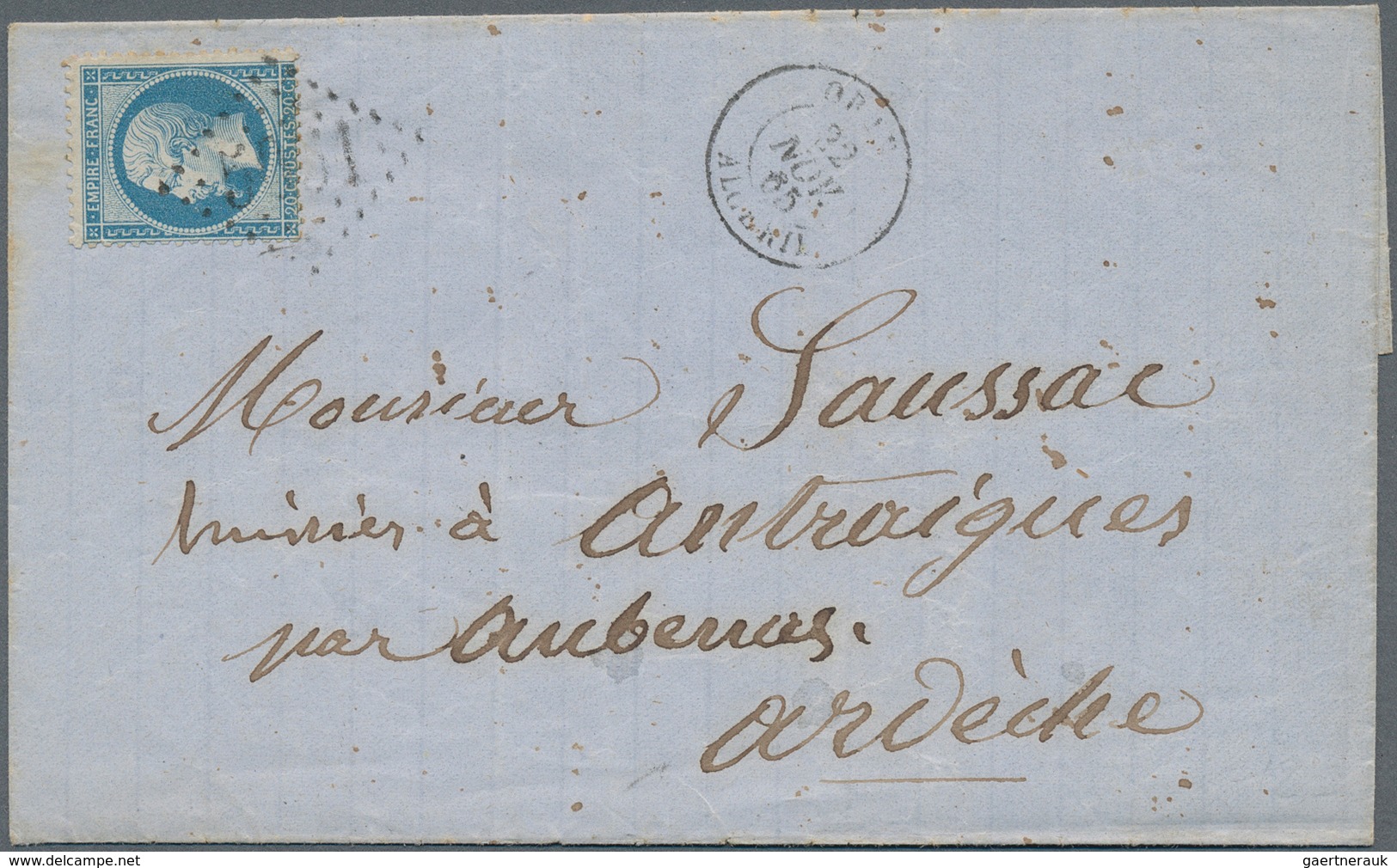 Algerien: 1862, France 20 C Blue Napoleon, Tied By Numeral Cancel "5051" (gros Chiffres), Single Fra - Lettres & Documents