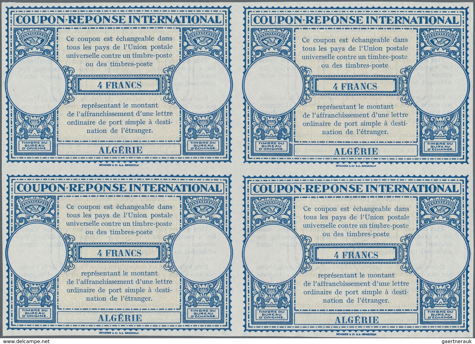 Algerien: 1940s (approx). International Reply Coupon 4 Francs (London Type) In An Unused Block Of 4. - Lettres & Documents