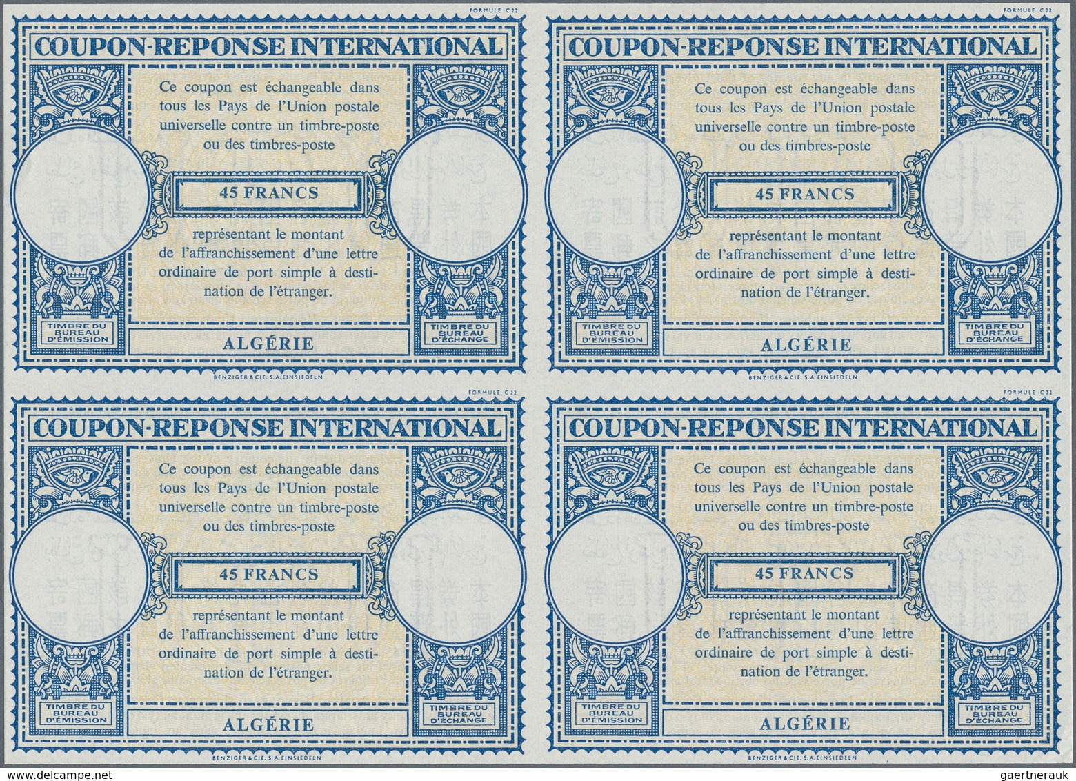 Algerien: 1950s (approx). International Reply Coupon 45 Francs (London Type) In An Unused Block Of 4 - Lettres & Documents