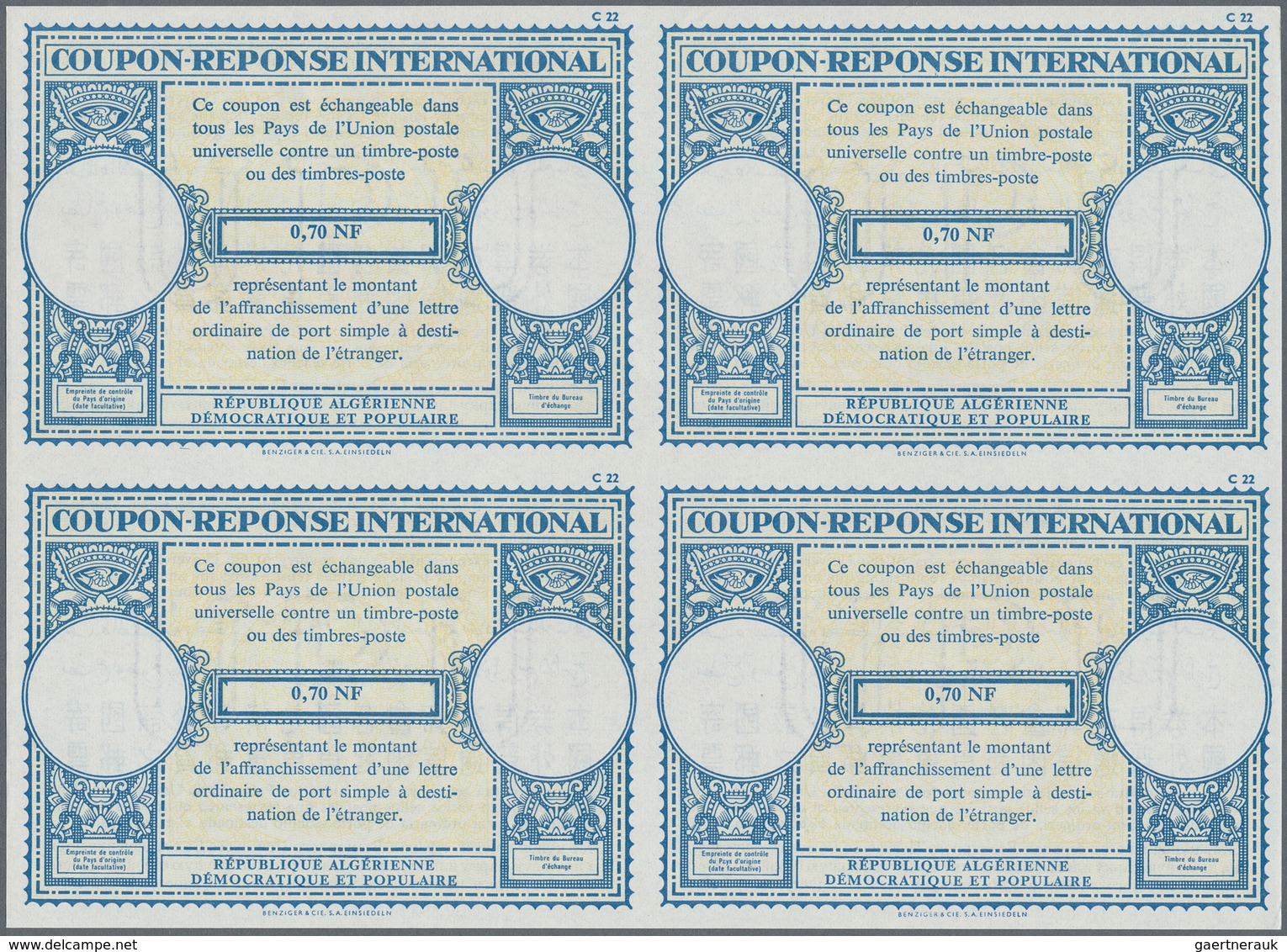 Algerien: 1960s (approx). International Reply Coupon 0,70 NF (London Type) In An Unused Block Of 4. - Lettres & Documents