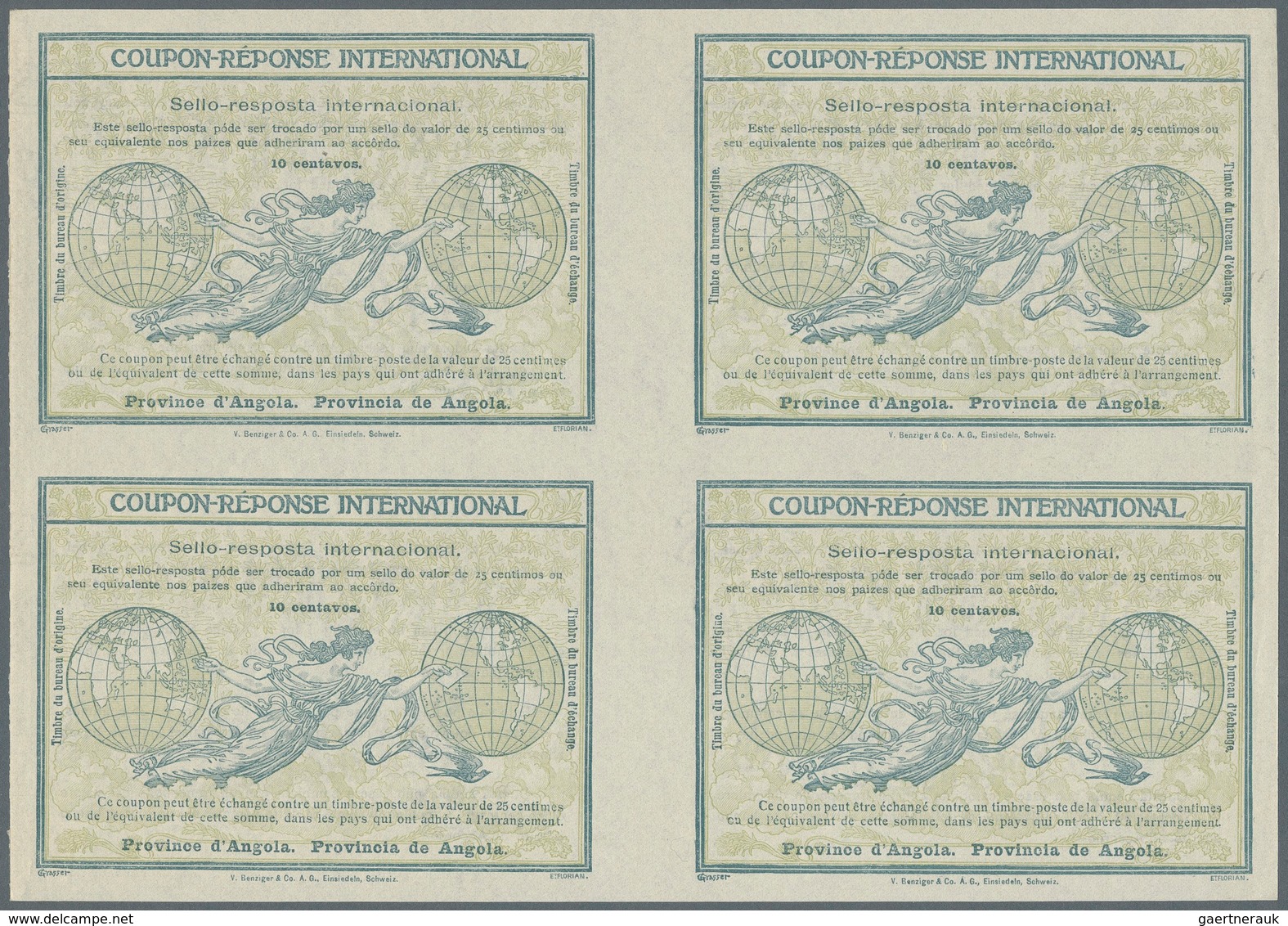 Angola: Design "Rome" 1906 International Reply Coupon As Block Of Four 10 C. Angola. This Block Of I - Angola