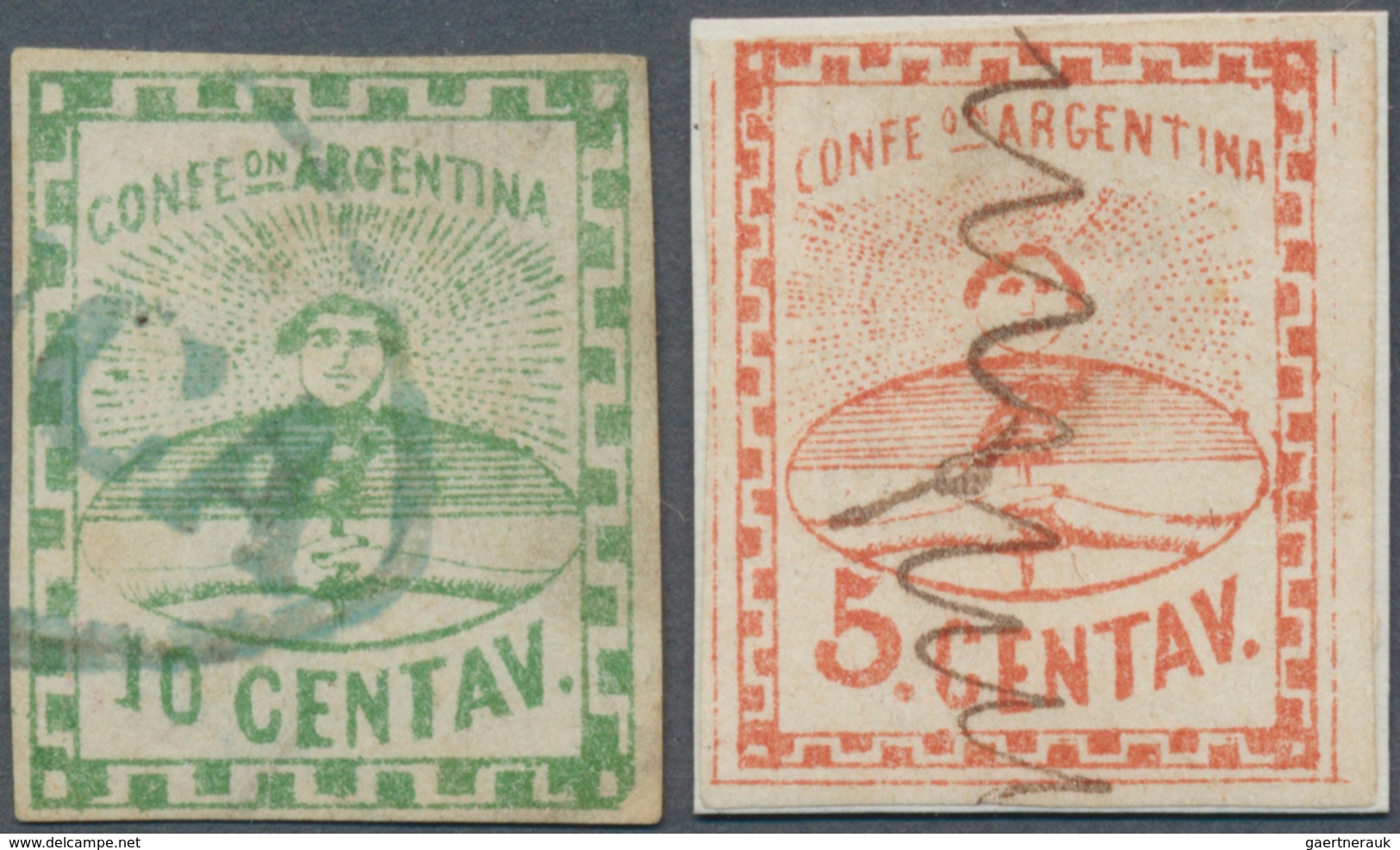 Argentinien: 1858/1860, 10c. Green Used And Cancelled By Blue Oval H/s "FRANCA" Of Buenos Aires, And - Autres & Non Classés