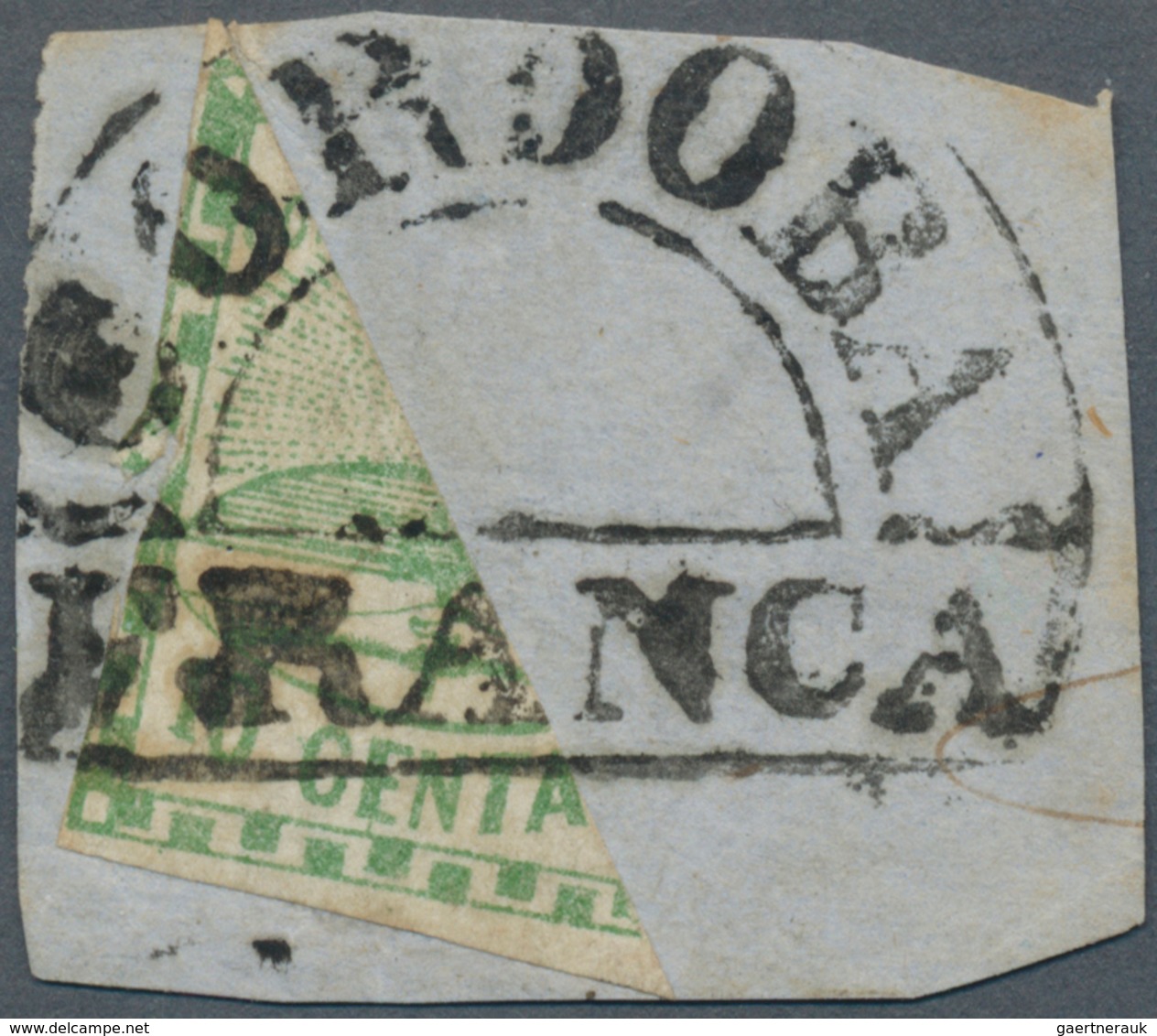 Argentinien: 1858 10c. Green, BISECTED Diagonally, Used On Small Piece And Tied By Half-circle "CORD - Other & Unclassified