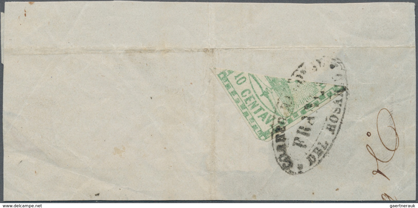 Argentinien: 1858 10c. Green, BISECTED Diagonally, Used On Part Of Folded Letter And Tied By Oval H/ - Autres & Non Classés