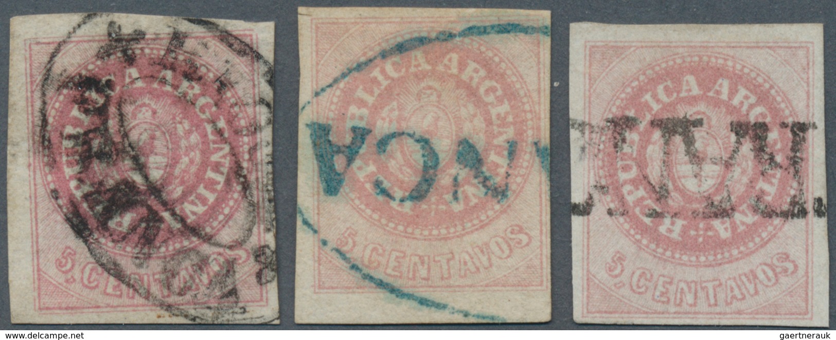 Argentinien: 1862 Three Used Singles Of 5c. Rose, No Accent, With Different Cancellations, One With - Autres & Non Classés