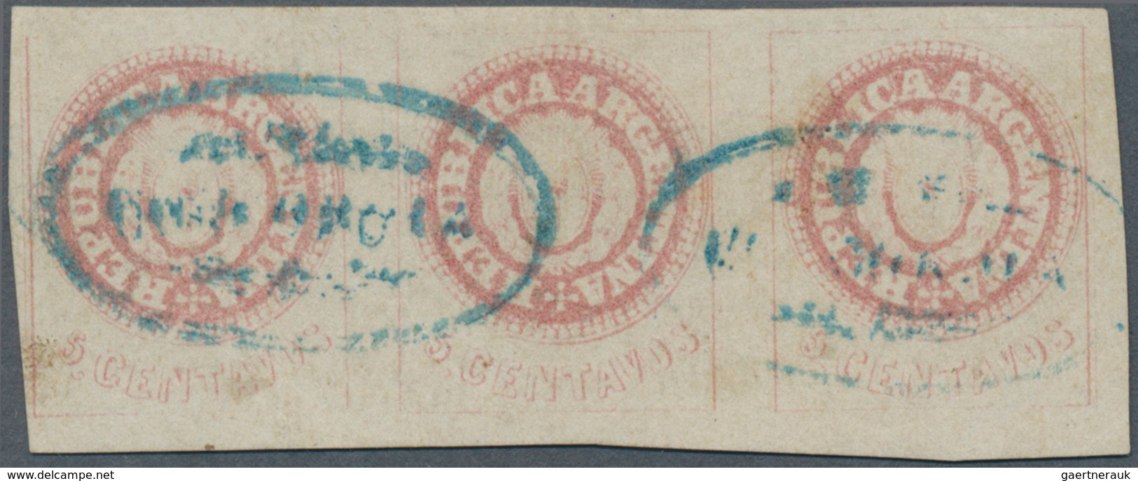 Argentinien: 1862 5c. Rose, No Accent, Very Worn Impression, Horizontal Strip Of Three, Used And Can - Autres & Non Classés