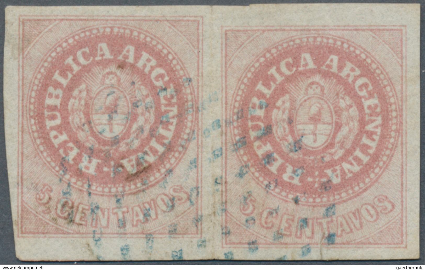 Argentinien: 1862 5c. Rose, No Accent, Horizontal Pair With Shifted Clichés, Used In SANTA FEE And C - Autres & Non Classés