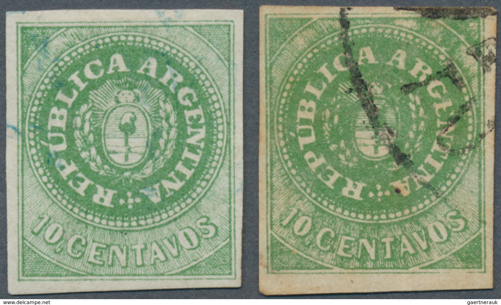 Argentinien: 1862 Two Used Singles Of 10c. Green With Accent, One In Olive Green (signed On Back) Ca - Sonstige & Ohne Zuordnung