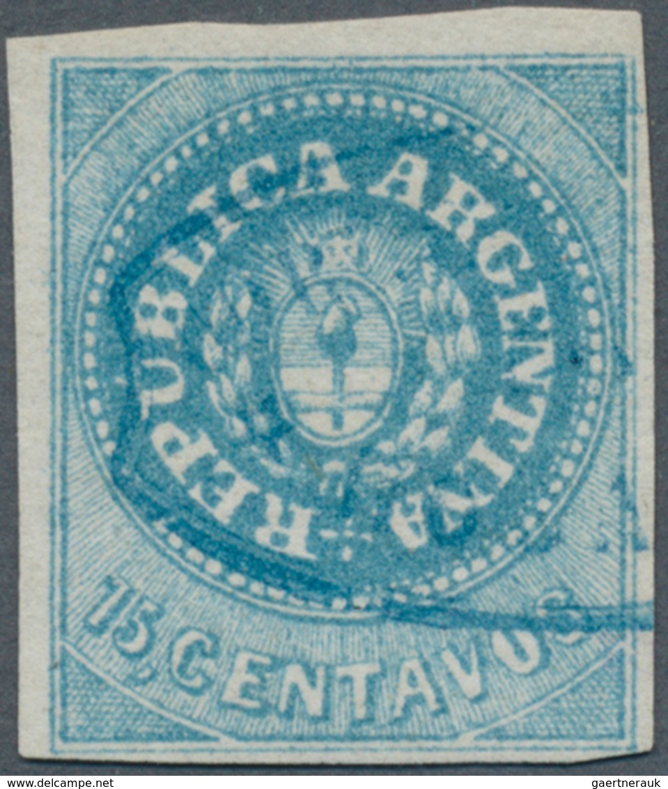 Argentinien: 1862 15c. Blue, With Accent, Used And Cancelled By Biconcave "CORREOS DEL ROSARIO" H/s - Autres & Non Classés