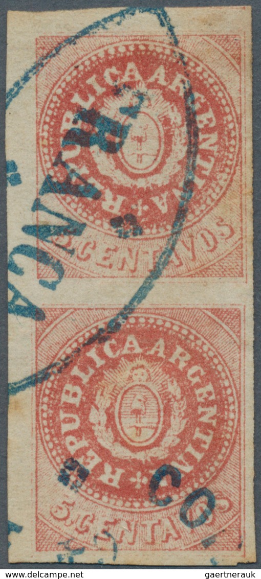 Argentinien: 1864 5c. Red-rose, Narrow "C", Vertical Pair, Used And Cancelled By Oval Handstamp "*/F - Autres & Non Classés