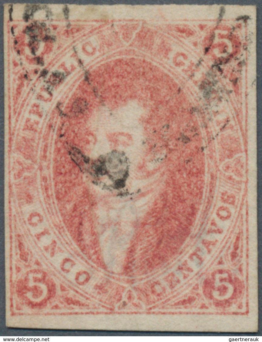 Argentinien: 1864 Rivadavia 5c. Rose-red, 1st Printing, Used And Cancelled By Part Ogival (gothic) H - Autres & Non Classés