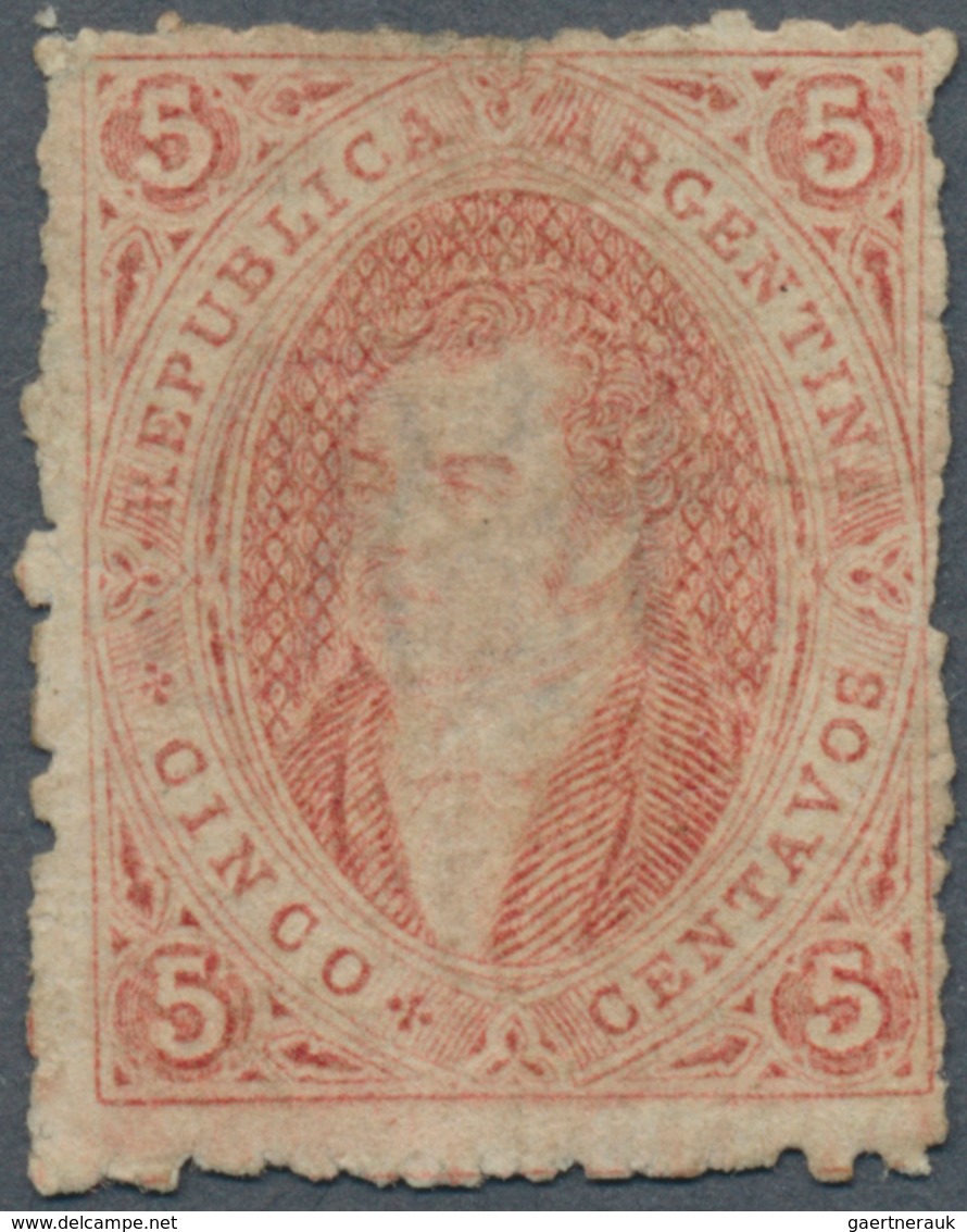 Argentinien: 1864 Rivadavia 5c. Rose-carmine, Wmk "RA", Perf 11½, Printed ON PARCHMENT PAPER (papel - Autres & Non Classés