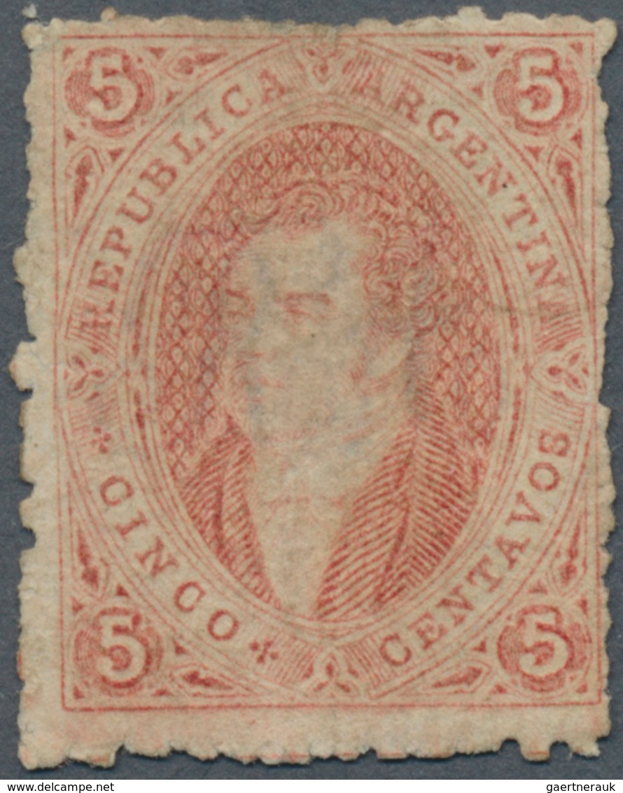 Argentinien: 1864 Rivadavia 5c. Rose-carmine, Wmk "RA", Perf 11½, Printed ON PARCHMENT PAPER (papel - Sonstige & Ohne Zuordnung