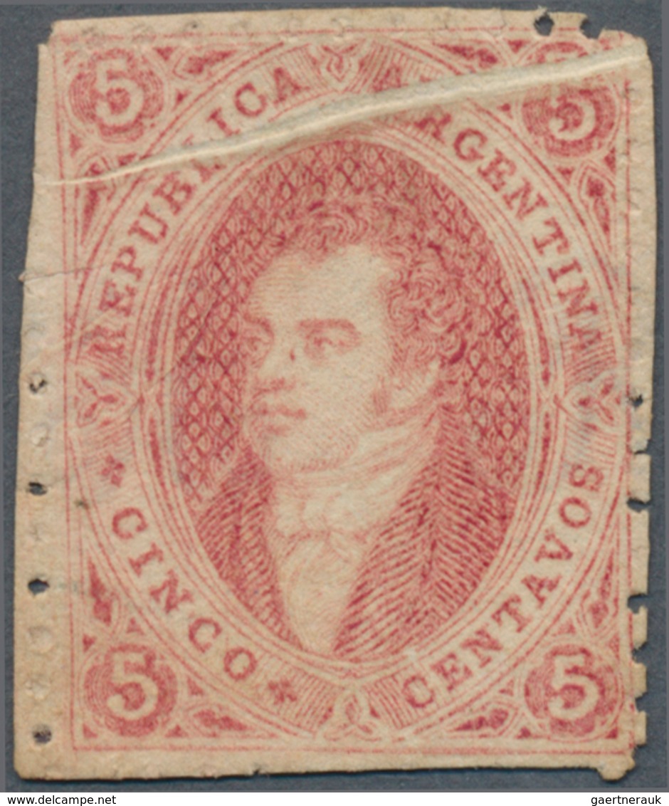 Argentinien: 1864 Rivadavia 5c. Rose-red, Perf 11½, 6th Printing, Variety "PAPERFOLD" At Top, Unused - Autres & Non Classés