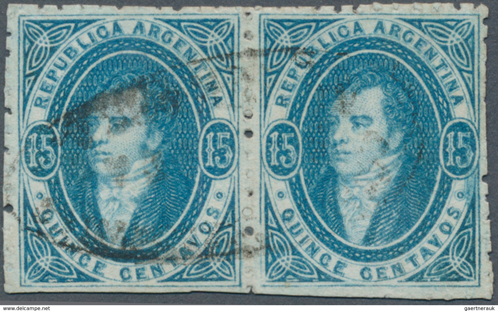 Argentinien: 1864 Rivadavia 15c. Blue, Sharp Impression, Wmk "RA", Perf 11½, HORIZONTAL PAIR, Used A - Autres & Non Classés