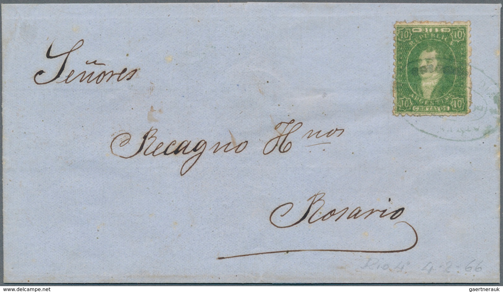 Argentinien: 1866, Rivadivia 10 C. Yellowish Green, Blurred Impression, Tied Oval 'rococo' "CORREOS - Sonstige & Ohne Zuordnung