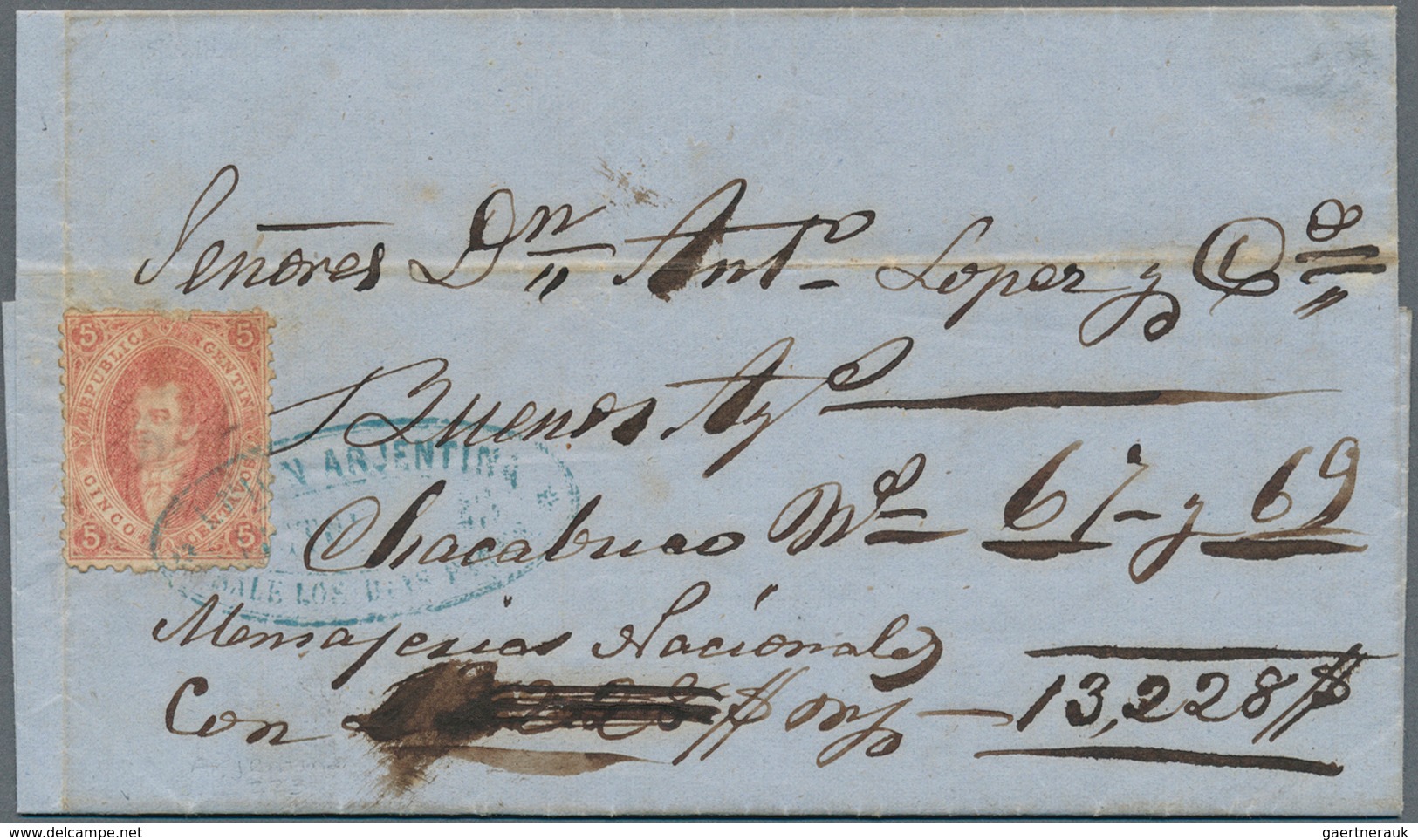 Argentinien: 1867, Rivadivia 5 C. Reddish Brown 2nd Print, Perforated, Tied Blue Oval Stagecoach Mai - Autres & Non Classés