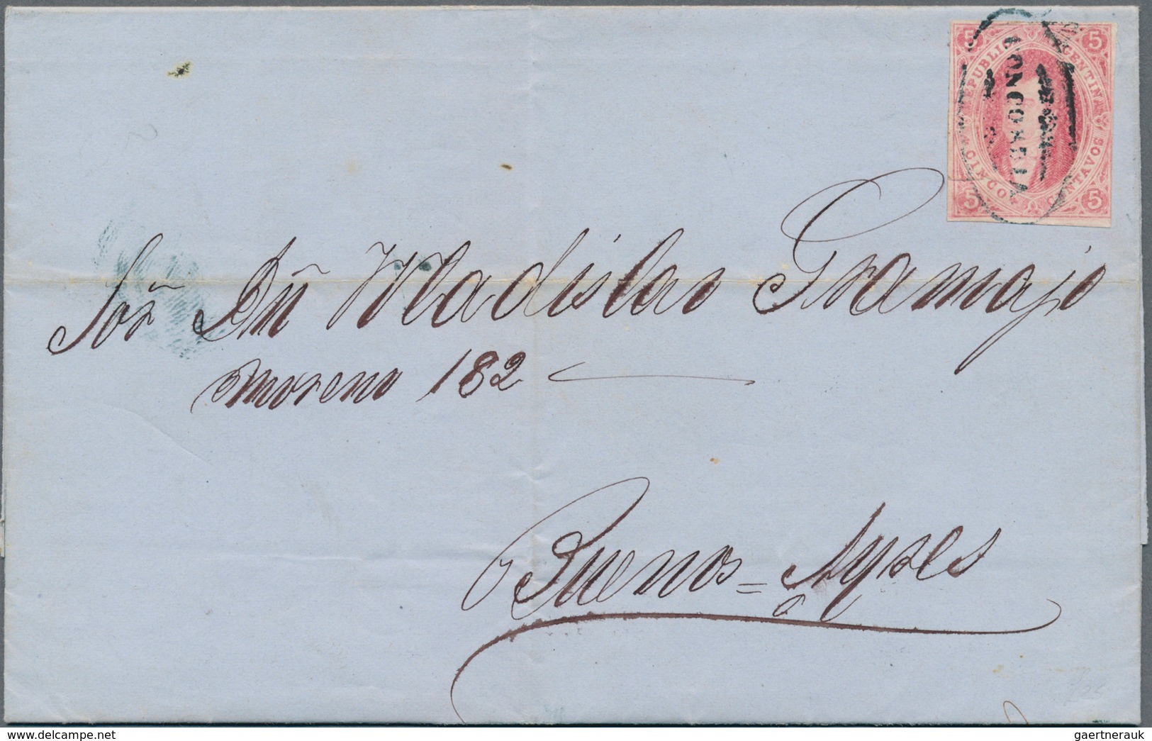 Argentinien: 1867, Rivadivia 5 C. Rose Carmine 7th Print, Imperforated, Tied Blue Oval "CONCORDIA" I - Autres & Non Classés