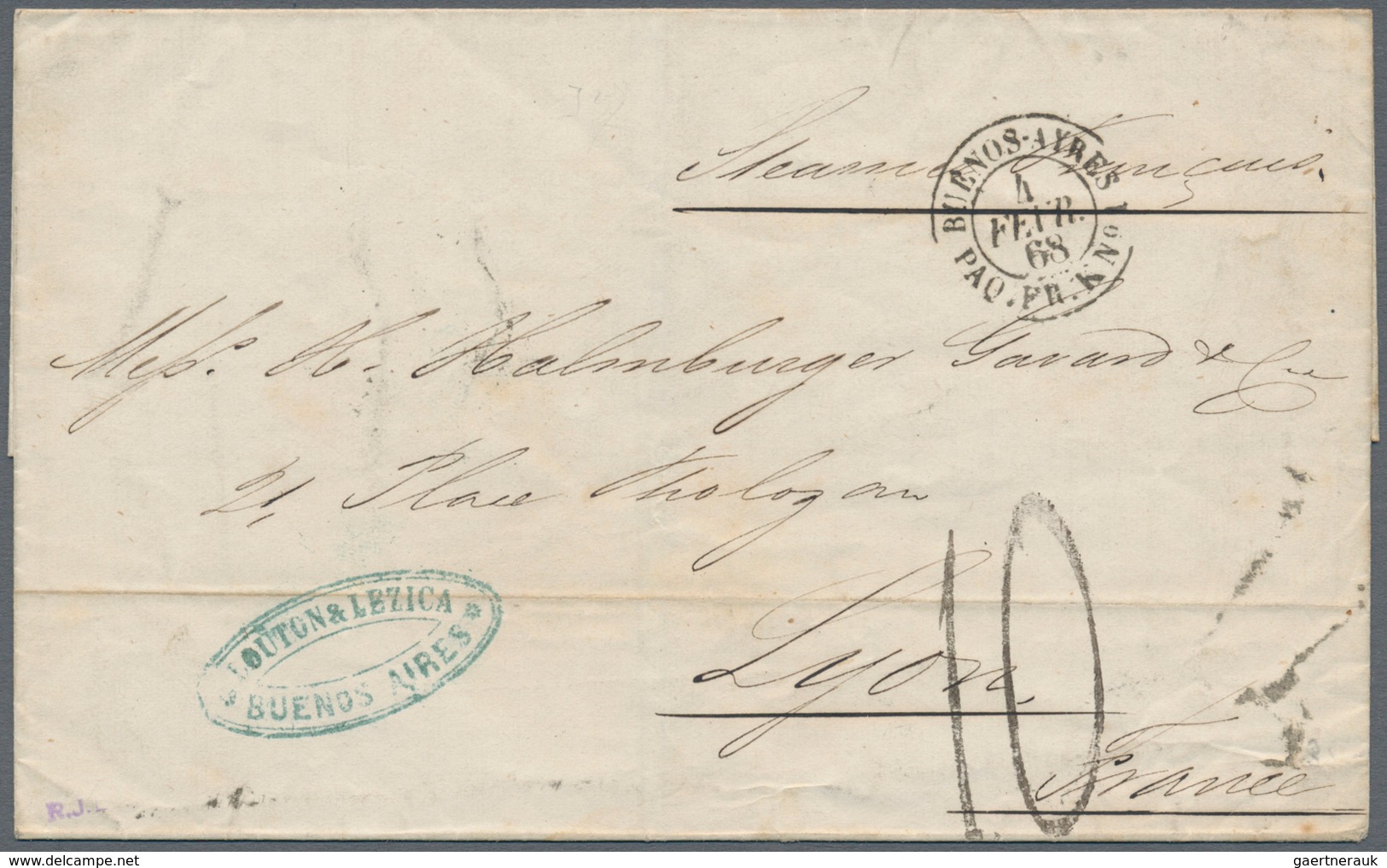 Argentinien: 1868, Folded Envelope Buenos Aires-Lyon W. French Mail Ship "BUENOS AYRES PAQ. FR. K No - Autres & Non Classés