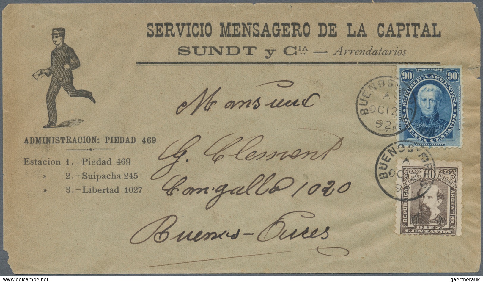 Argentinien: 1873 'C. Saavedra' 90c. Blue, Used On Printed "Messenger Service" Cover Used Buenos Air - Sonstige & Ohne Zuordnung