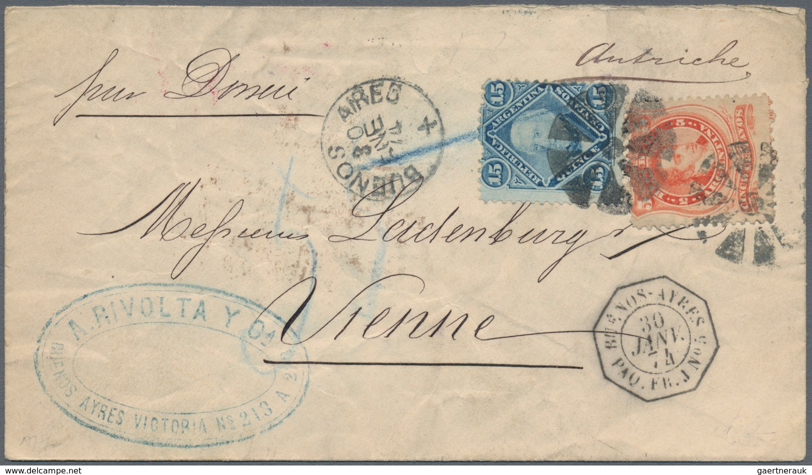 Argentinien: 1874, 5 C., 15 C. Tied Mute To Cover W. "BUENOS AIRES 30 ENE 74" Alongside, Endorsed "p - Sonstige & Ohne Zuordnung
