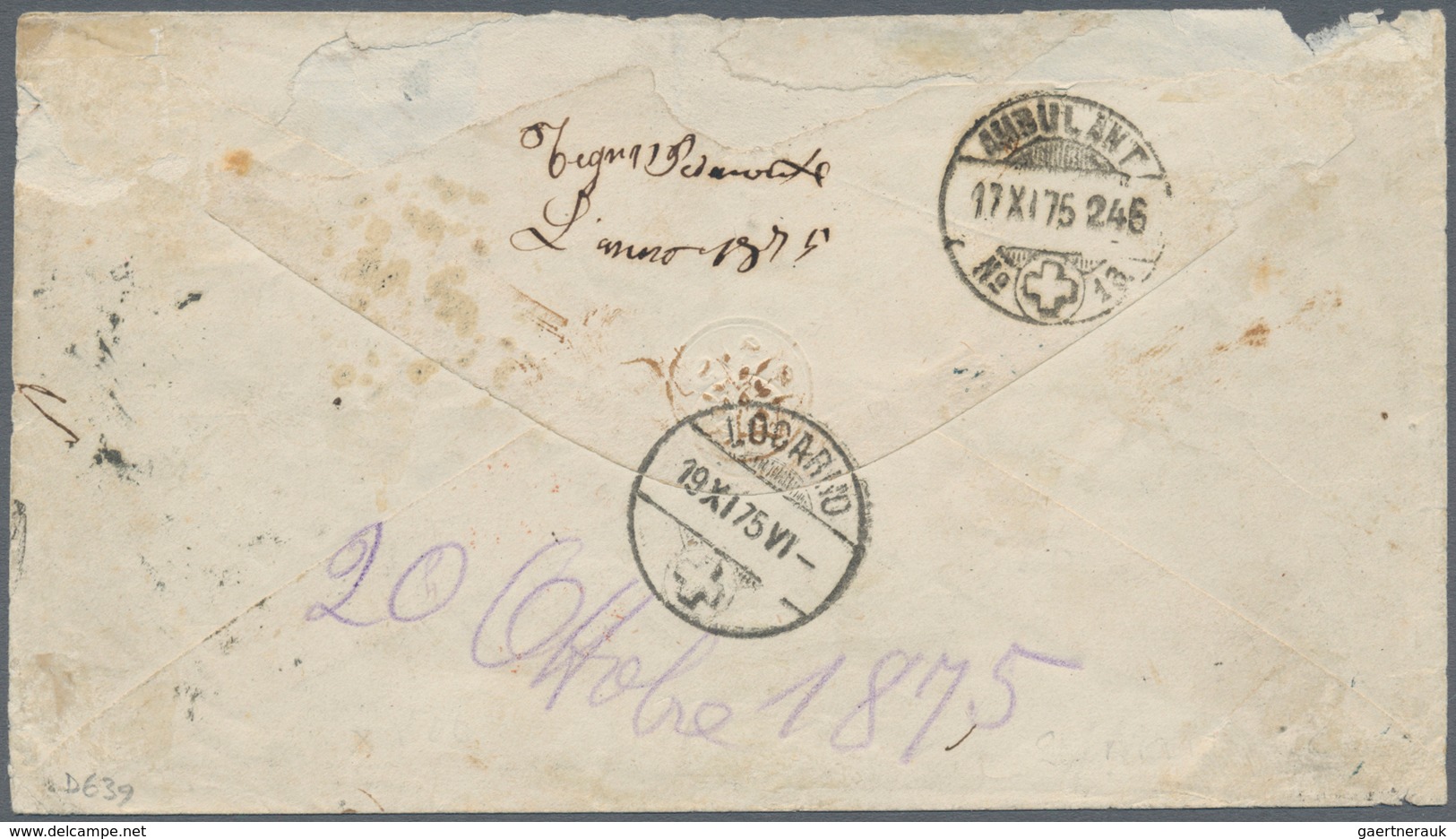 Argentinien: 1875 Cover From Buenos Aires To Locarno, Canton Ticino, Switzerland Per Steamer "France - Autres & Non Classés