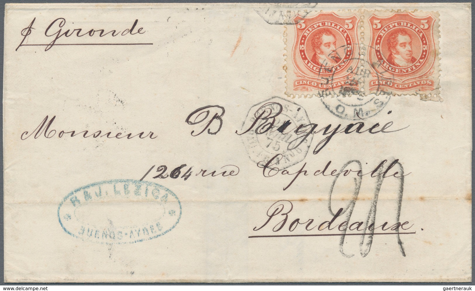 Argentinien: 1875, 5 C. Pair Tied "BUENOS AYRES ABR 27 1875" To Folded Envelope Endorsed "p. Gironde - Autres & Non Classés