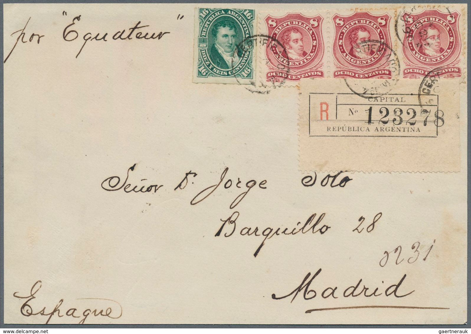 Argentinien: 1890, 8c. Carmine Horiz. Strip Of Three (slight Toning) And 16c. Green On Front Of Regi - Sonstige & Ohne Zuordnung