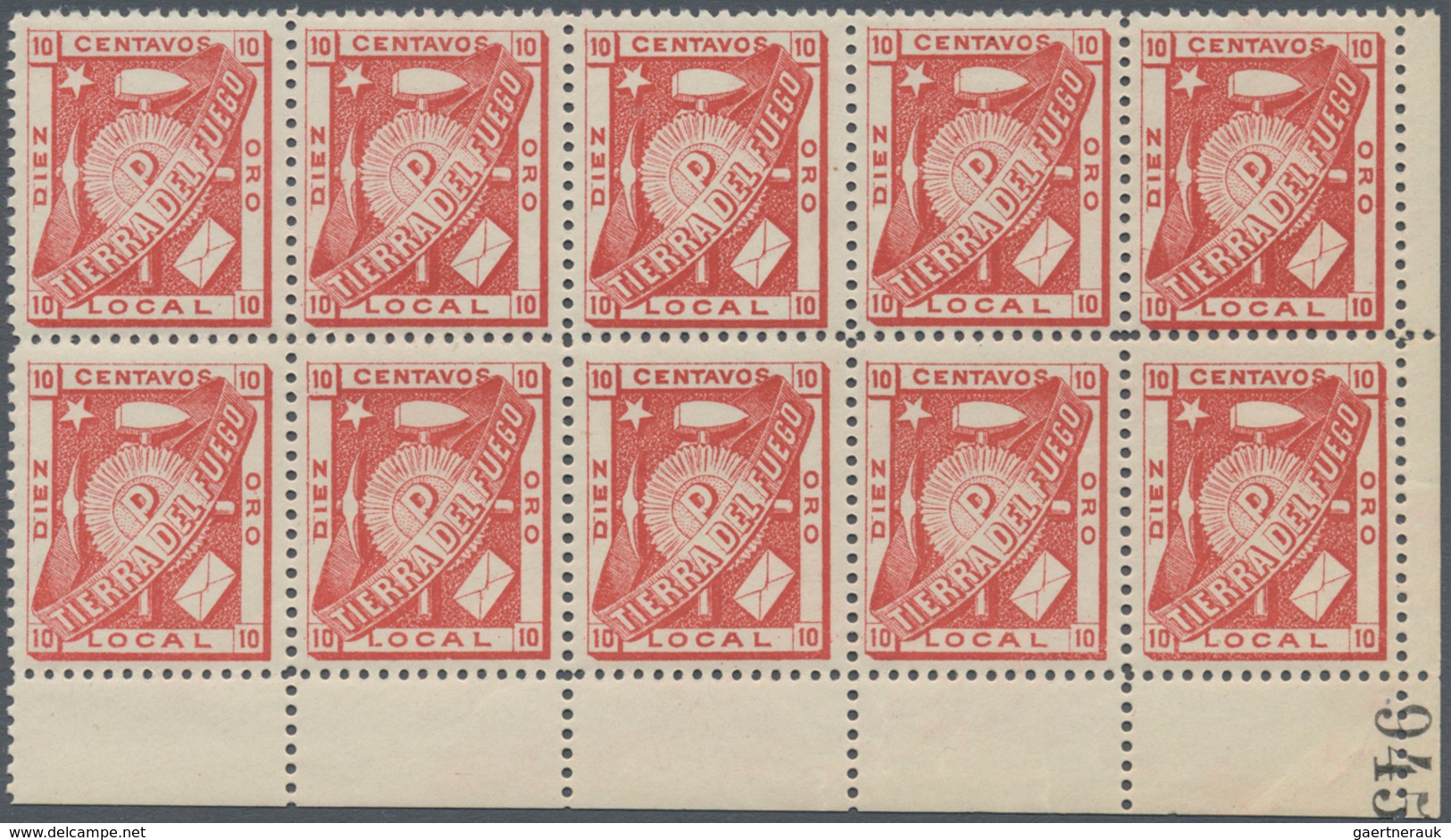 Argentinien - Feuerland: 1891, Julio Popper Local Stamp 10c. Carmine 'TIERRA DEL FUEGO' Block Of Ten - Autres & Non Classés