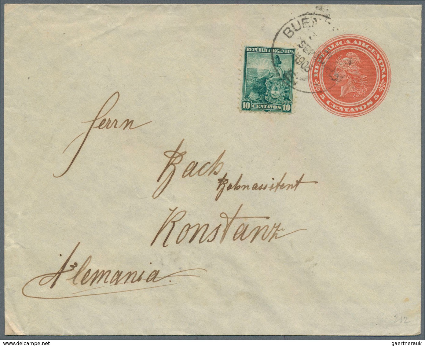 Argentinien - Ganzsachen: 1903, 5 Ct Red Postal Stationery Envelope, Uprated With 10 Ct Green, On Re - Entiers Postaux
