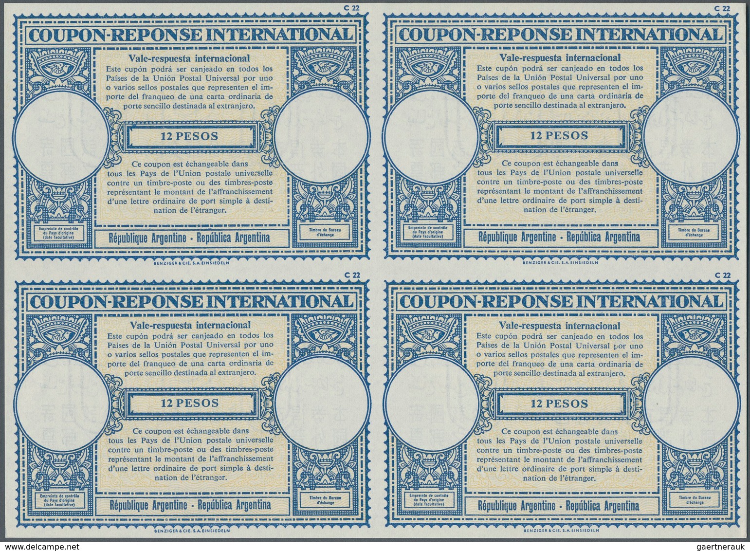 Argentinien - Ganzsachen: 1961. International Reply Coupon 12 Pesos (London Type) In An Unused Block - Entiers Postaux