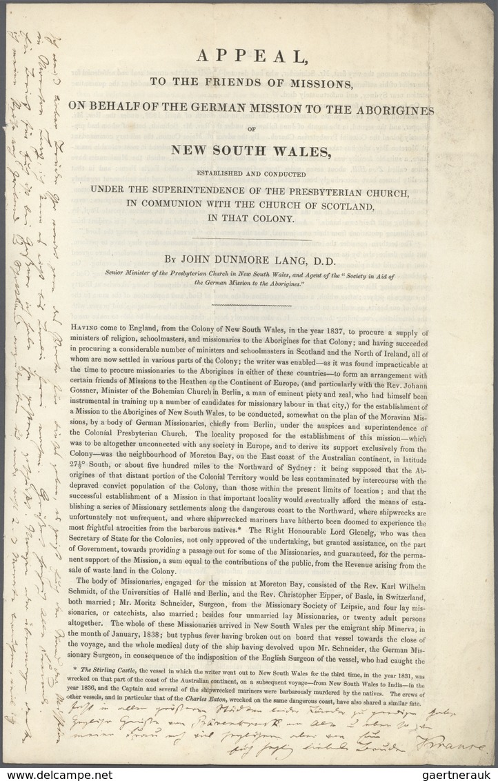 Neusüdwales: 1839, Printed Report On Behalf Of The German Mission To The Aborigines Of NEW SOUTH WAL - Briefe U. Dokumente
